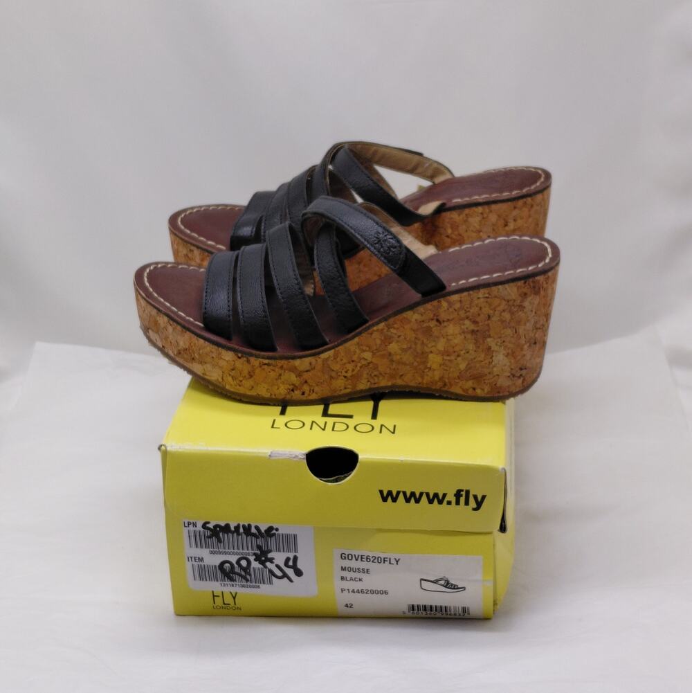 FLY London Womens Platform Wedge Sandals Size EU 42 Black Leather Retro Shoes